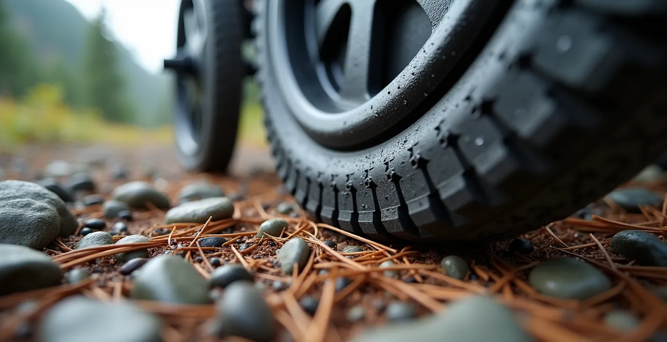 Close-up detail of an all-terrain wheelchair wheel gripping a rocky trail surface