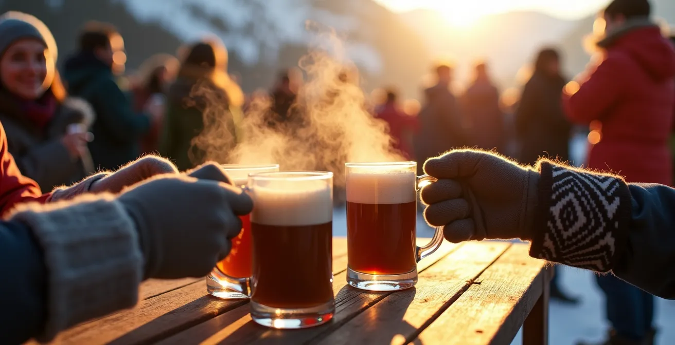 Festive aprè-ski scene with crowds enjoying outdoor beer garden against mountain backdrop