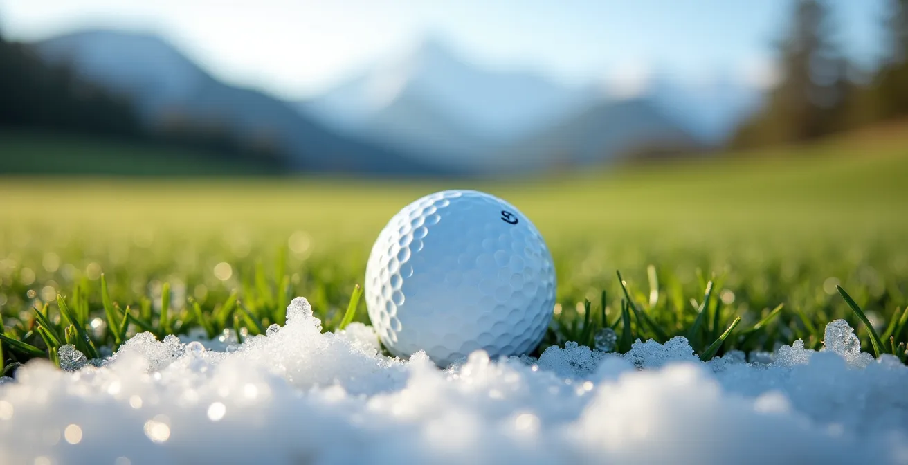 Macro shot of a golf ball sitting on the edge where white snow meets green grass, symbolizing the April transition.