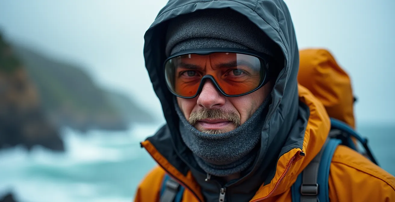 Hiker wearing proper hardshell jacket bracing against powerful coastal winds on exposed Newfoundland headland