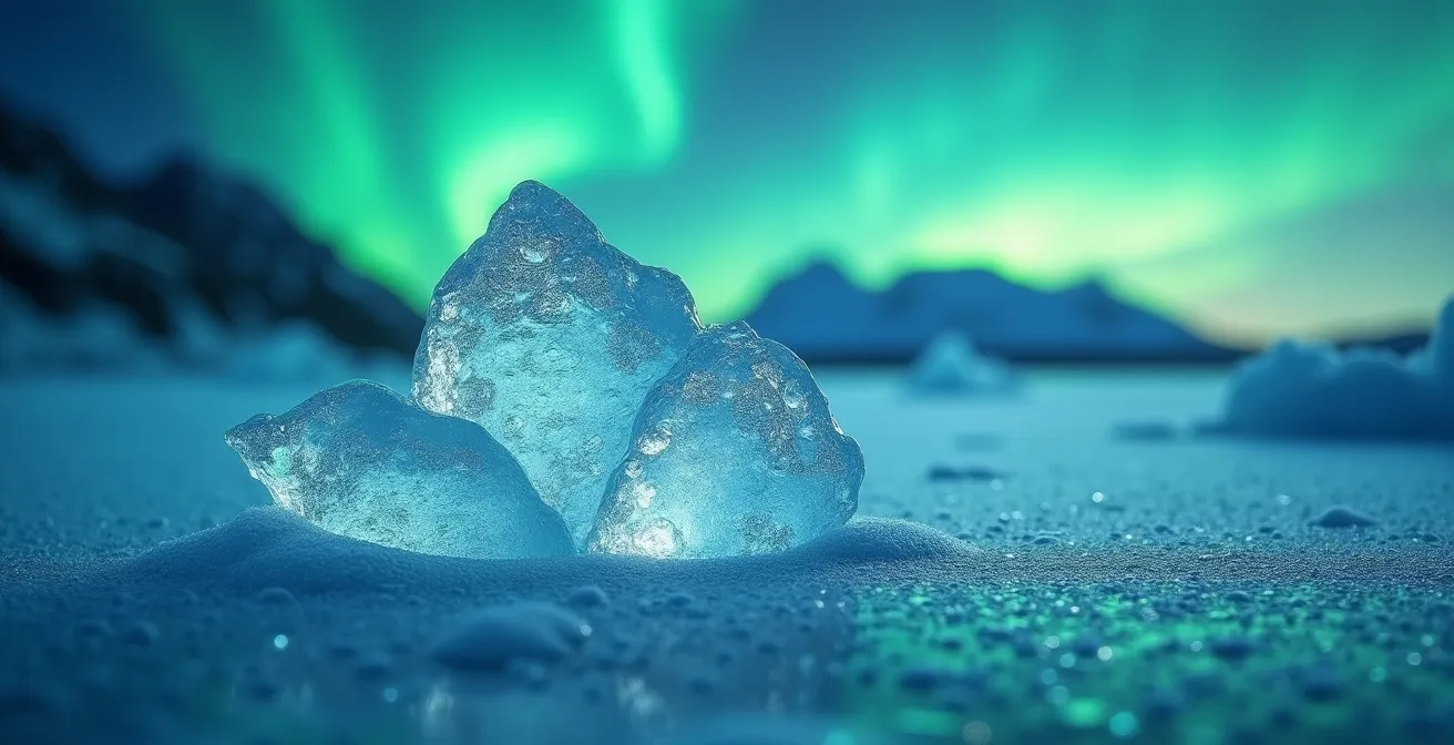 Vibrant aurora borealis reflected in frozen Canadian alpine lake with mountain silhouettes