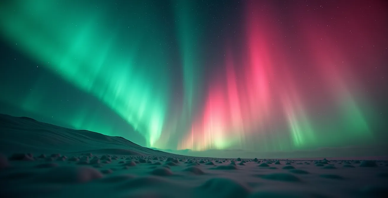 Close-up macro detail of aurora borealis showing vibrant green oxygen emissions transitioning to rare red nitrogen displays