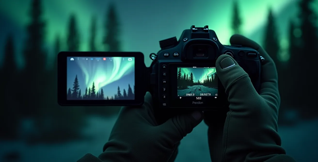 Side-by-side comparison of aurora photos showing auto mode failures versus manual mode success