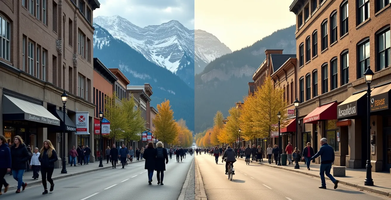 Split composition showing bustling Banff street versus quiet Jasper mountain town atmosphere