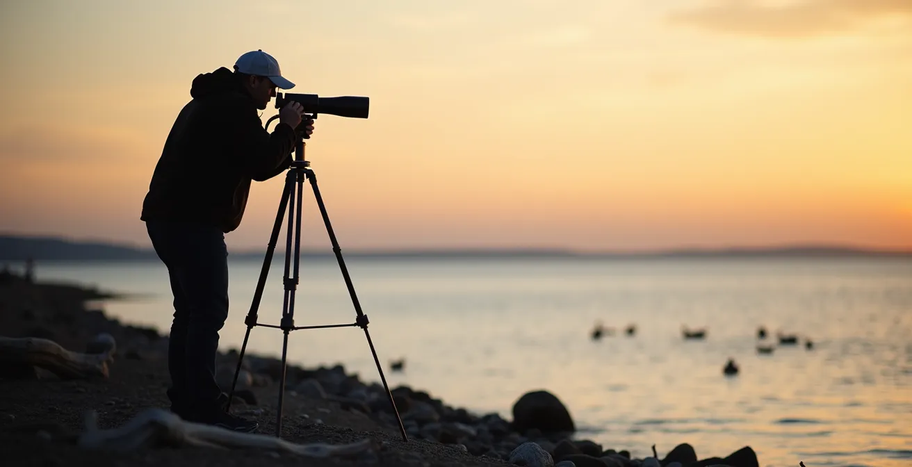 Silhouetted birder using spotting scope at Lake Erie shoreline during dawn