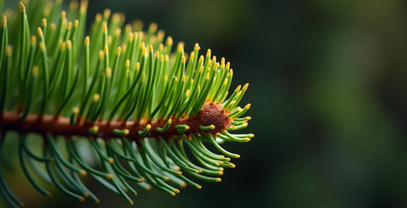 Extreme close-up of fresh spruce tips being harvested from a boreal forest branch
