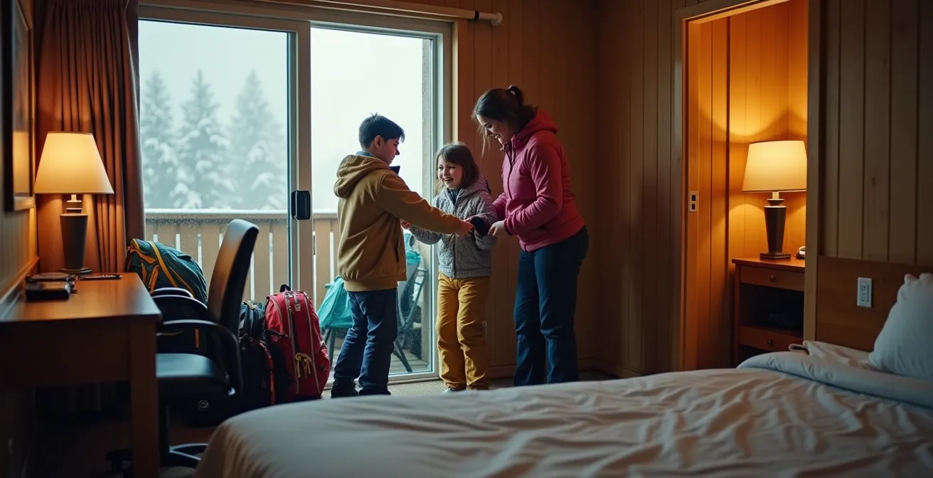 Cozy motel room in Saint-Jovite with ski gear organized by the door and shuttle schedule visible