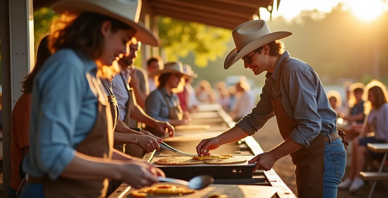 Crowds enjoying outdoor pancake breakfast with volunteer servers in cowboy hats at morning community event
