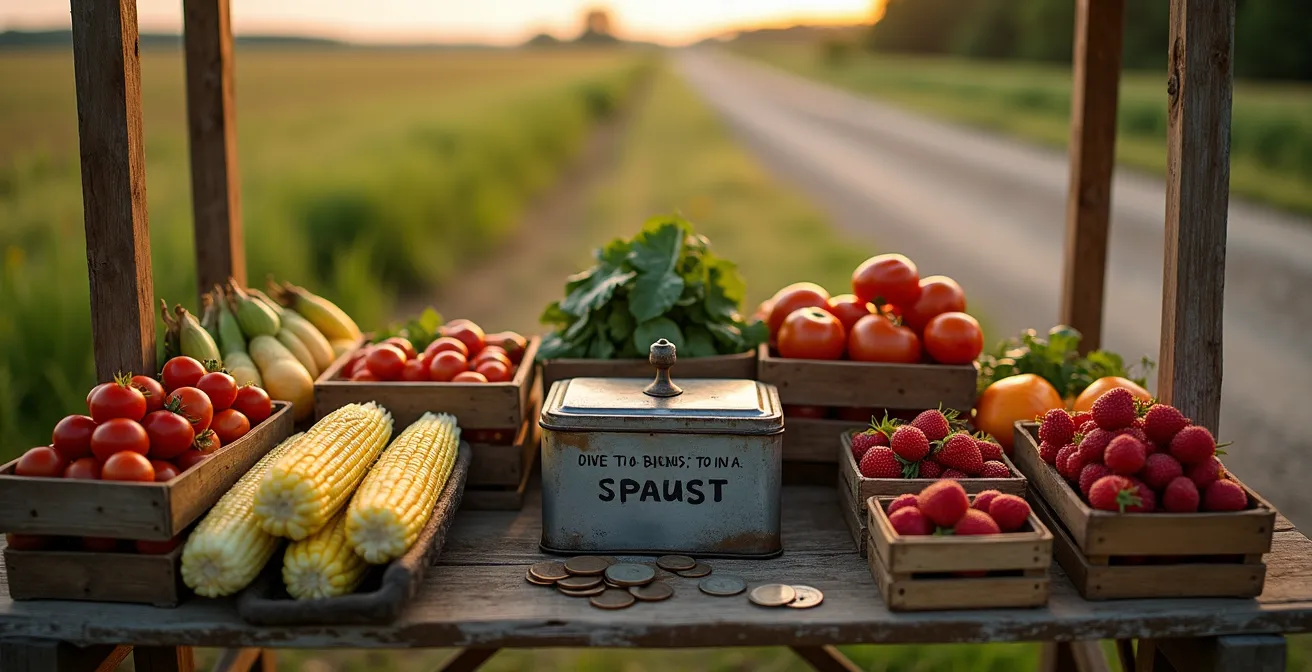 Traditional wooden roadside farm stand with fresh produce and an honor box payment system