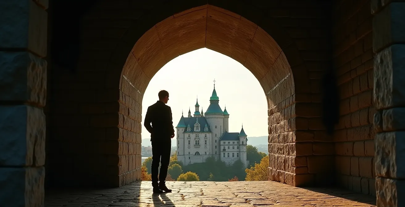 The Château Frontenac viewed through a historic stone archway of the fortification walls