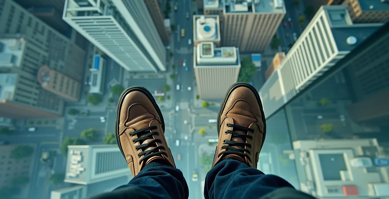 View through glass floor platform showing city streets far below