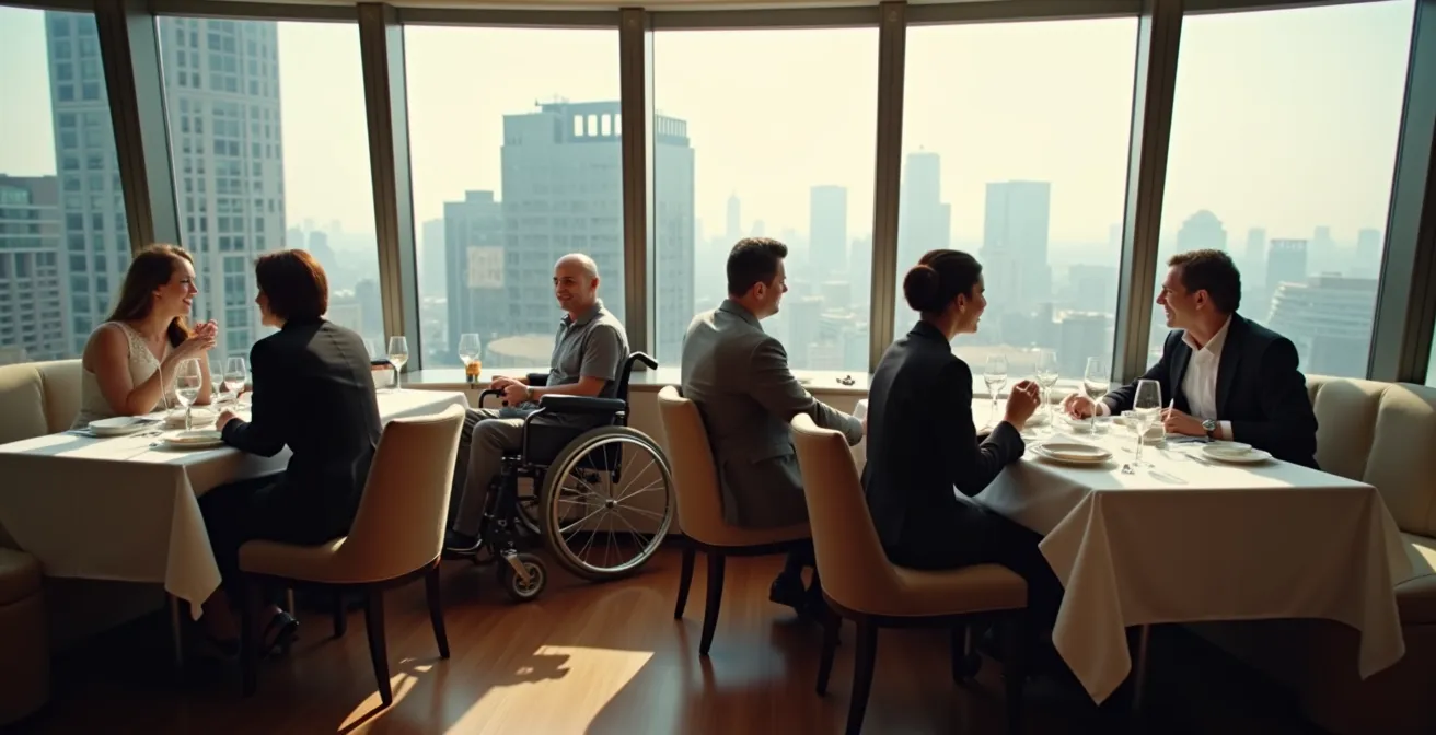Interior view of revolving restaurant with floor-to-ceiling windows showing Toronto skyline