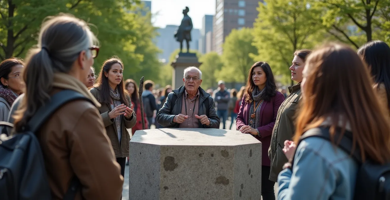 Empty pedestal where colonial statue once stood with people gathering in discussion