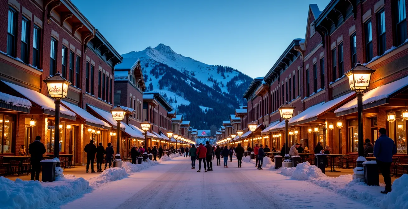 Evening street scene in a BC mountain town with warm lights and snowy peaks