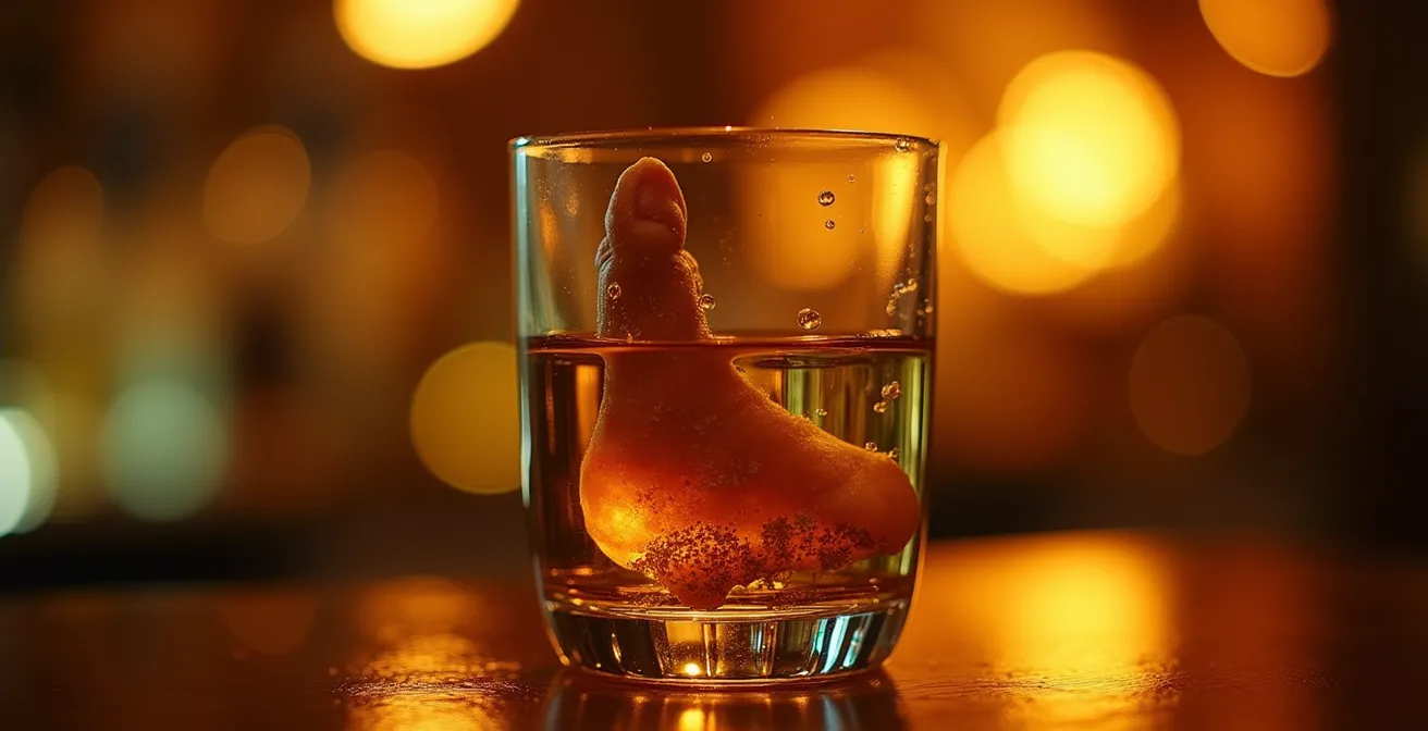 Extreme close-up of preserved toe in amber liquid with bar atmosphere