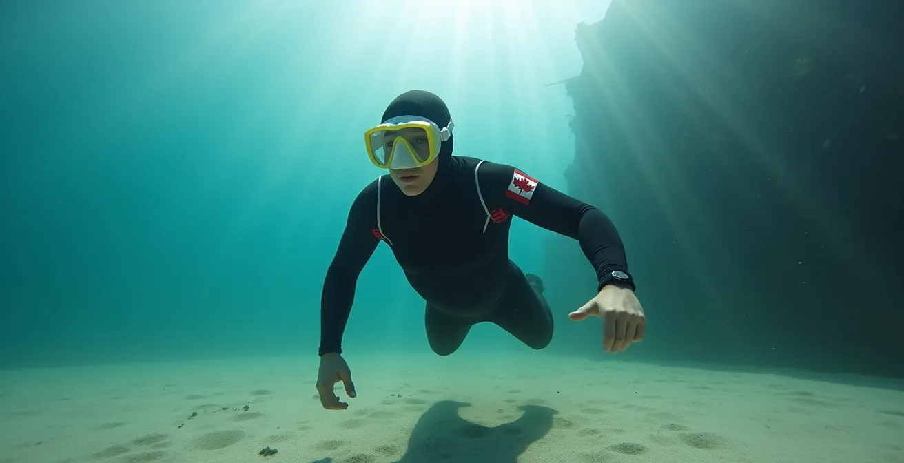 Diver achieving perfect horizontal trim position above lake bottom