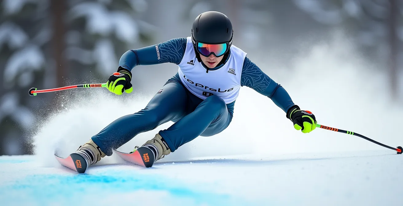 Alpine ski racer in aerodynamic tuck position speeding down Lake Louise course