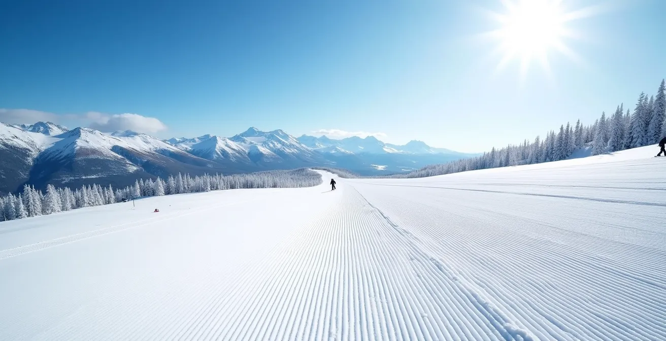 Wide view of pristine, uncrowded ski slopes at Mont-Tremblant with clear blue skies