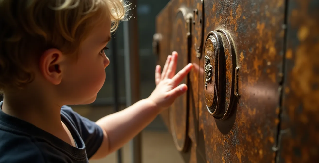 Family viewing historical artifacts in museum gallery with dramatic lighting