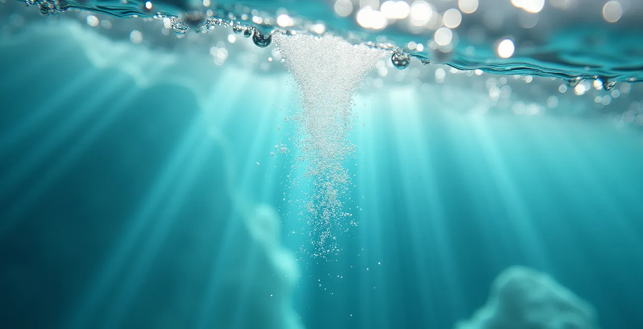 Macro view of suspended rock flour particles in turquoise glacial water showing light refraction
