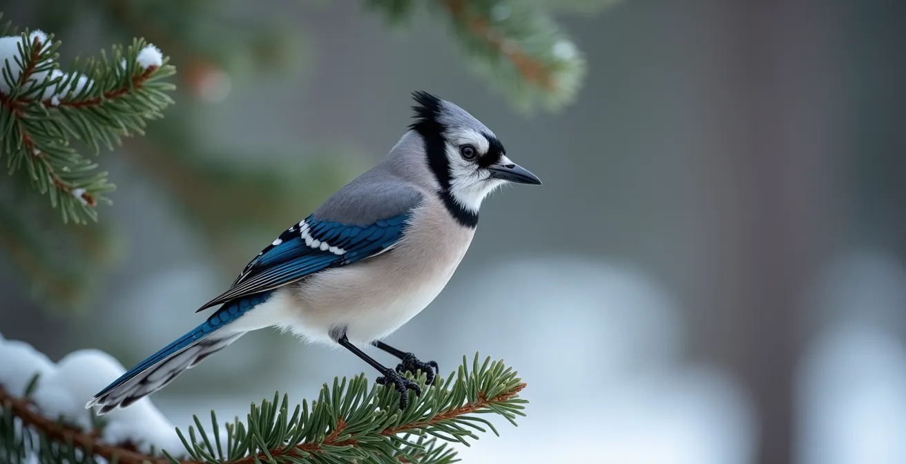 Gray Jay perched on pine branch in Canadian boreal forest setting