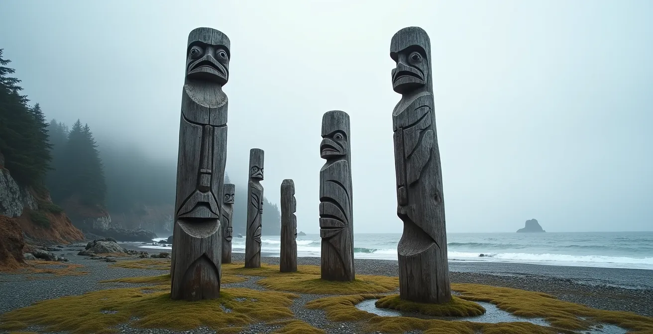 Ancient Haida totem poles standing against a Pacific Ocean backdrop at the SGang Gwaay heritage site