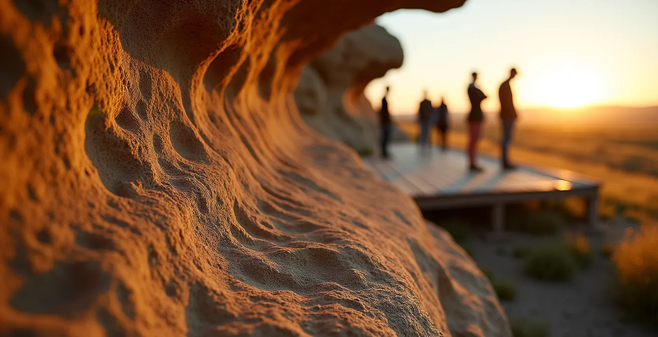 Close-up macro view of ancient rock petroglyphs with a protective barrier and visitor observation platform in the background