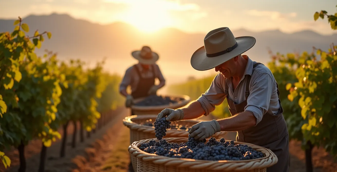 Vineyard workers harvesting grapes in early morning mist with mountains in background