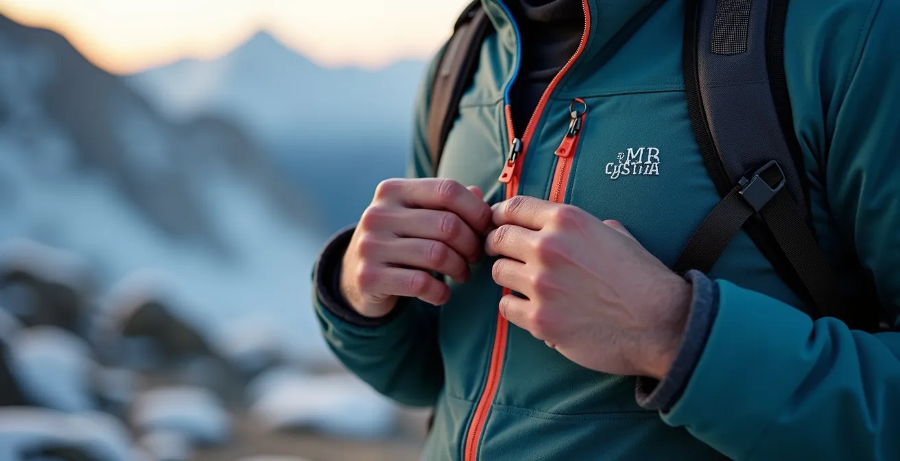 Close-up of a hiker's hands adjusting the zipper on a technical fleece mid-layer on a windy, frosty alpine ridge.