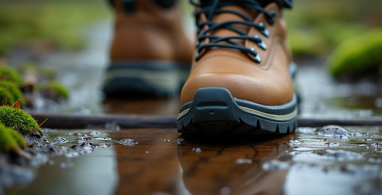 Extreme close-up of hiking boot sole with deep rubber lugs gripping wet wooden boardwalk surface