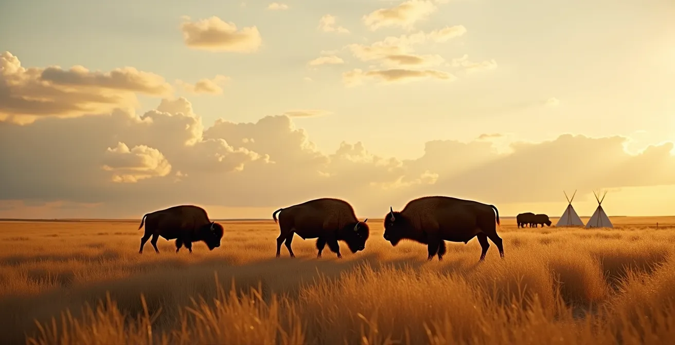 Wide shot of a bison herd on the Alberta prairie with Indigenous ranch operations in the background