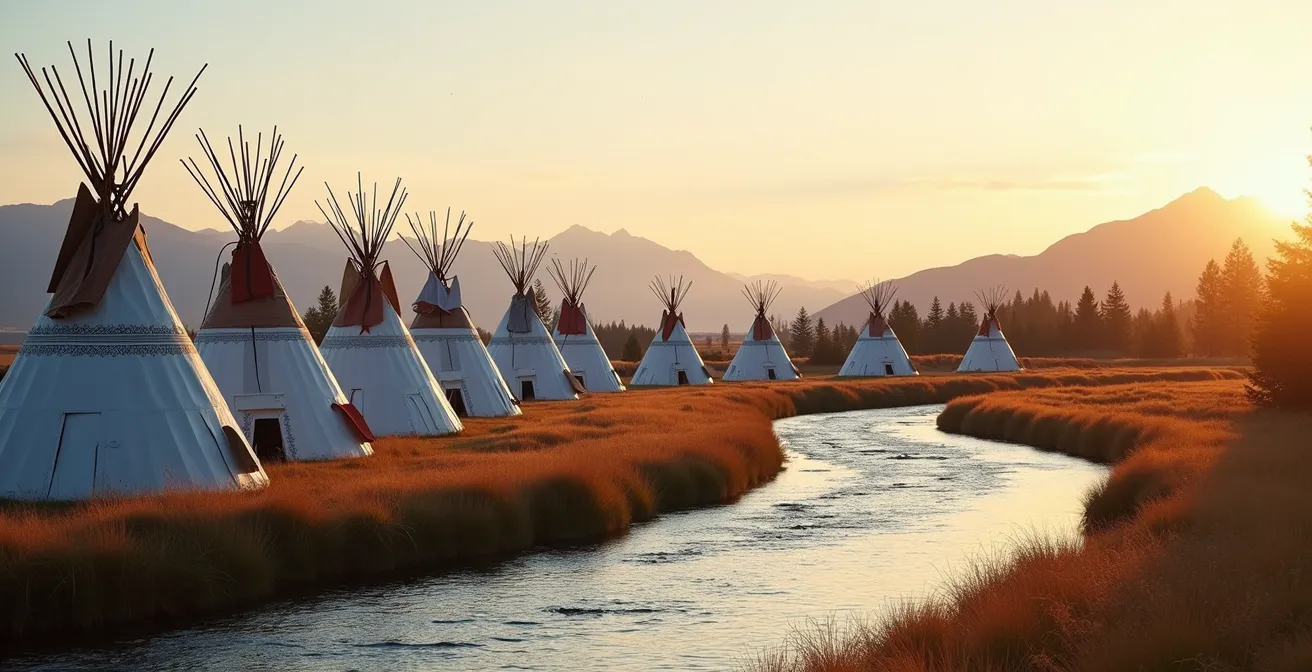 Traditional painted tipis arranged in circle at Elbow River with mountains in background at sunset