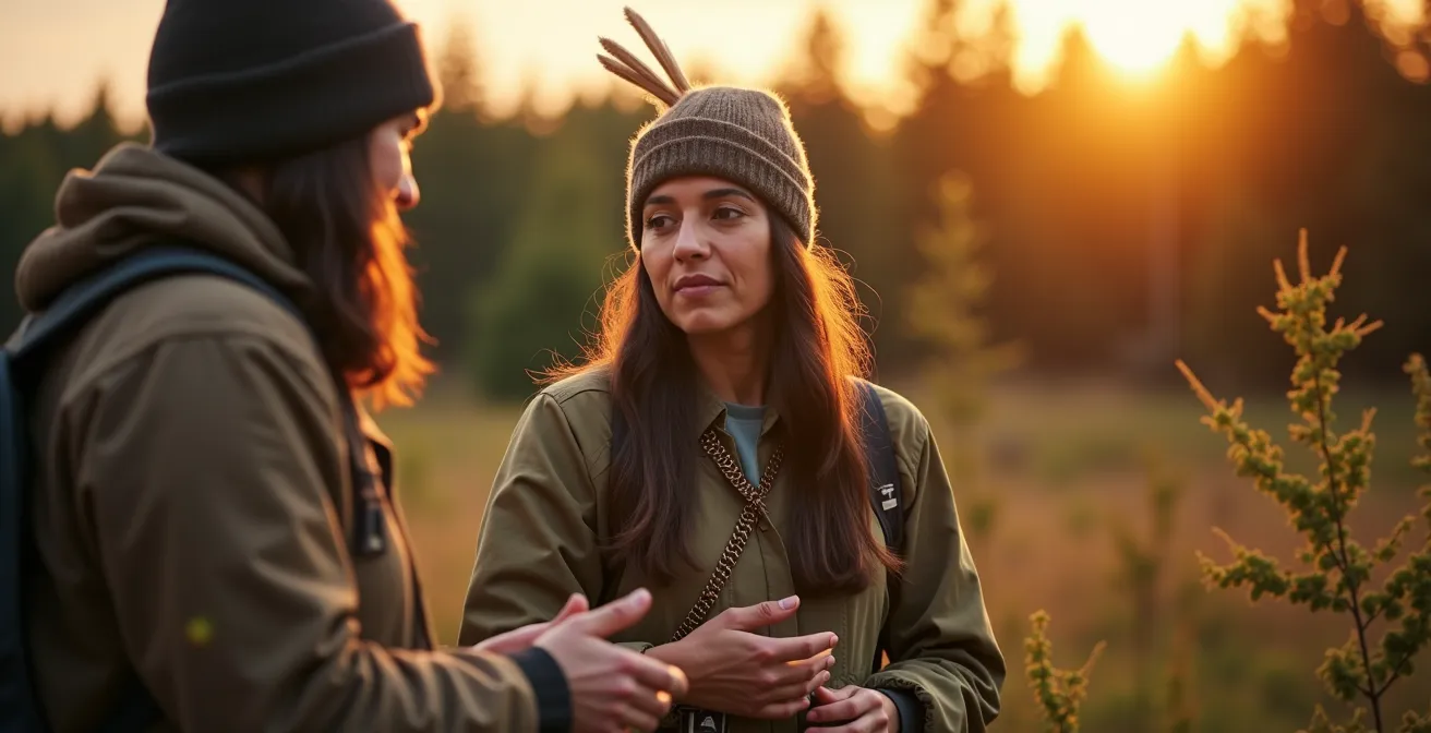 Indigenous elder teaching traditional practices in natural Canadian setting