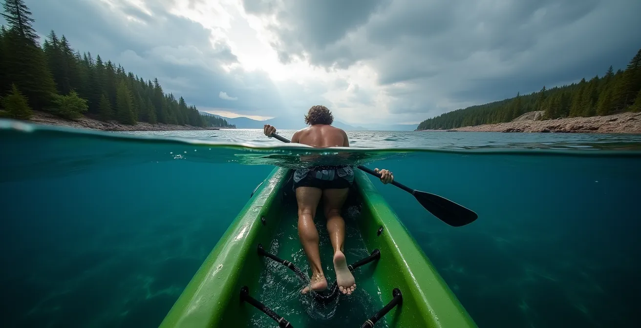 Kayaker performing emergency wet exit maneuver in cold Lake Superior waters