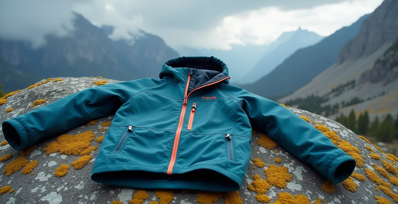 Layered outdoor clothing arrangement on rocky mountain terrain