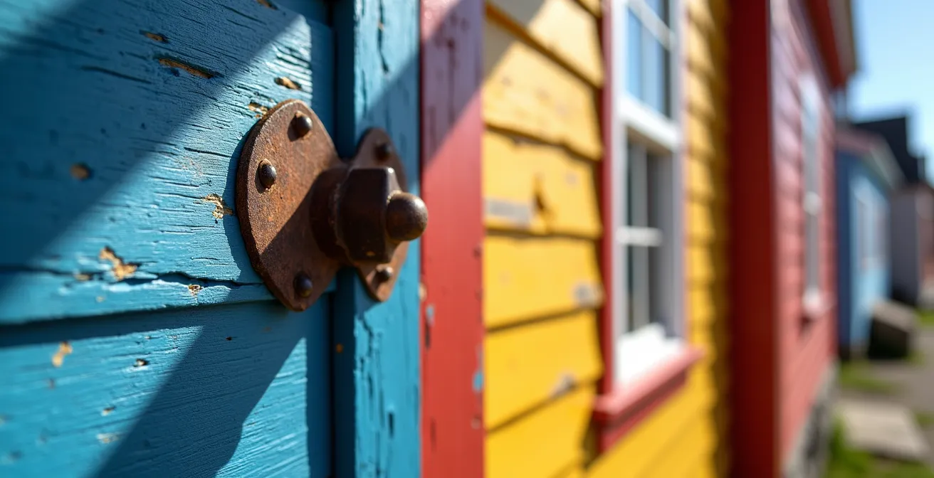 Vibrant colored heritage buildings in Lunenburg with dramatic shadows creating geometric patterns