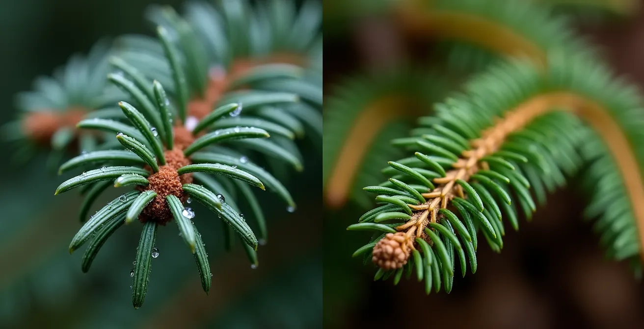 Extreme close-up comparison of black spruce and balsam fir needle textures