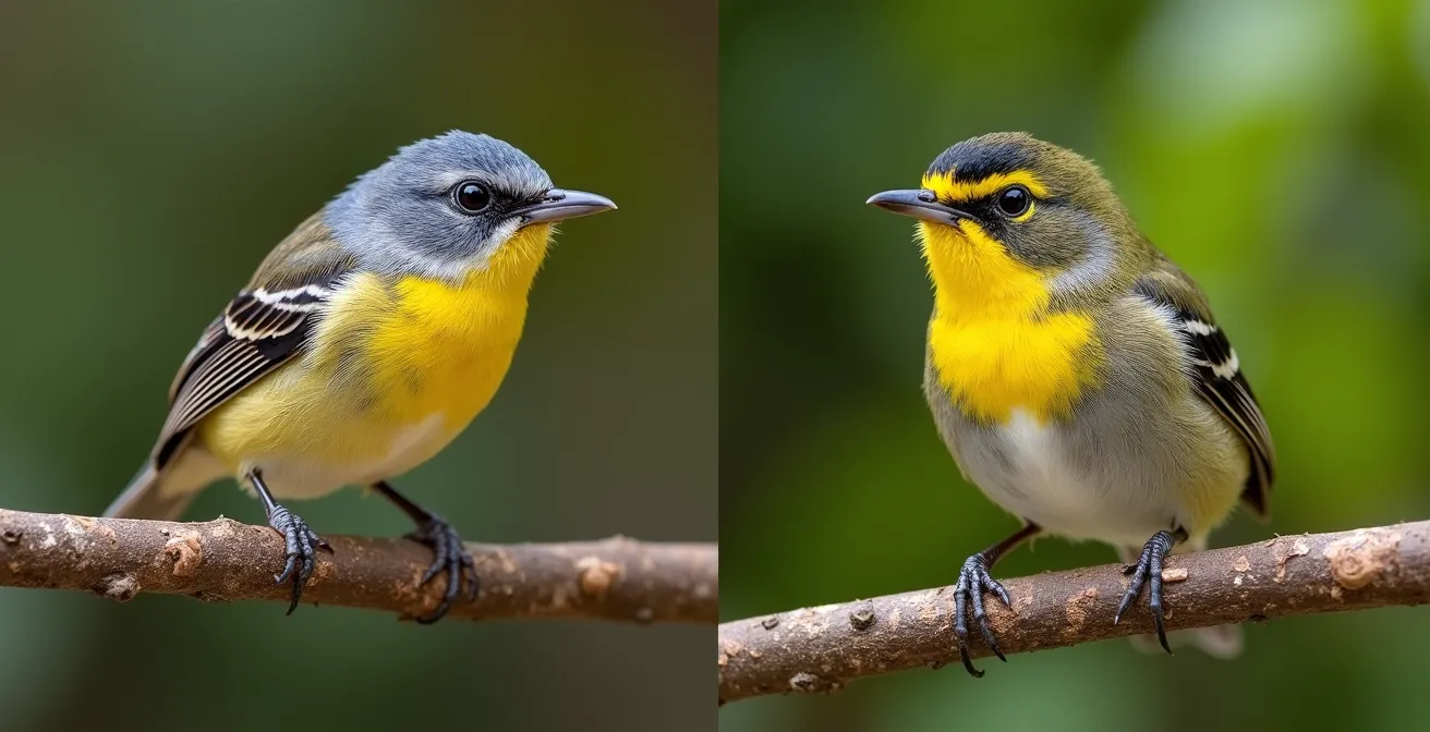 Extreme close-up comparison of warbler and vireo identifying features