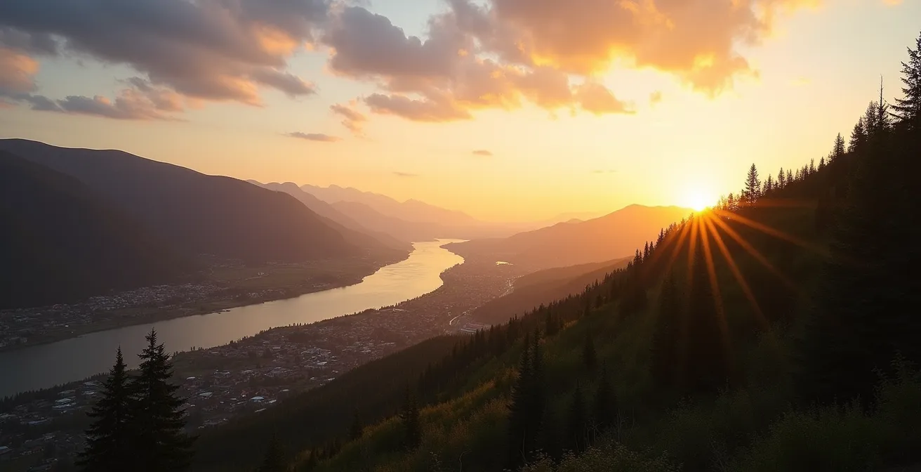 Wide panoramic view of Dawson City under bright midnight sun with mountains in background
