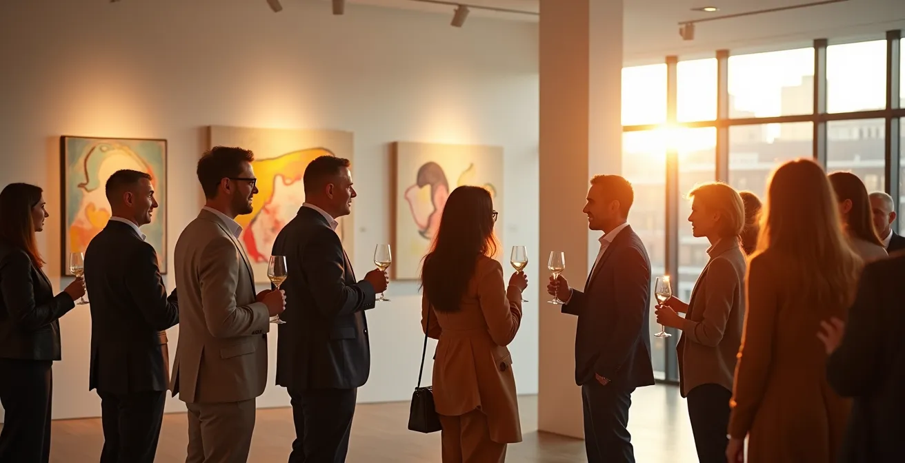 Elegant museum vernissage with professionals socializing during Montreal's 5 à 7 hour