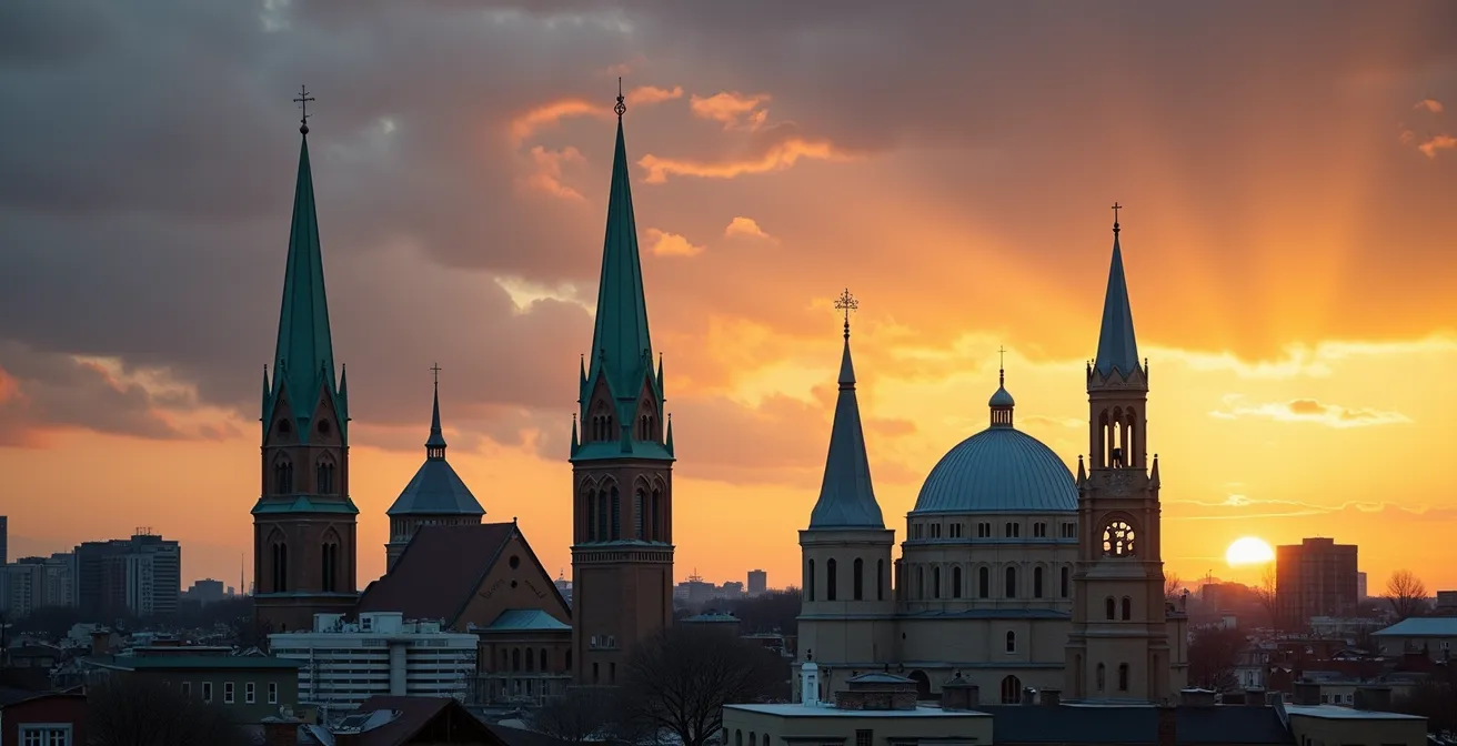 Gothic Revival and Neo-baroque church spires rising above Montreal rooftops