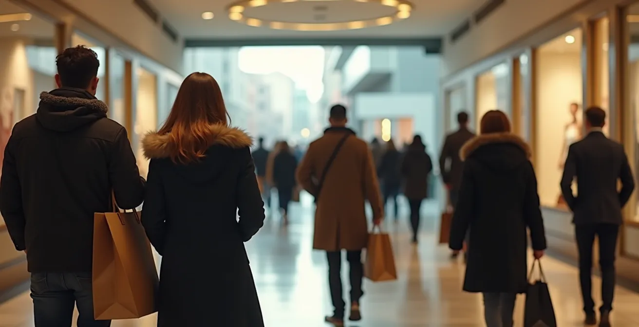 Bustling underground corridor with shoppers and bright storefronts in Montreal's RESO