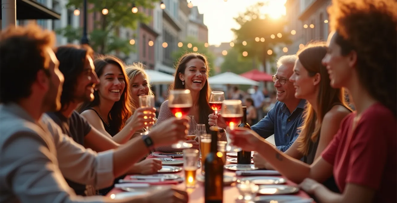 Busy Montreal street terrasse scene during golden hour summer evening