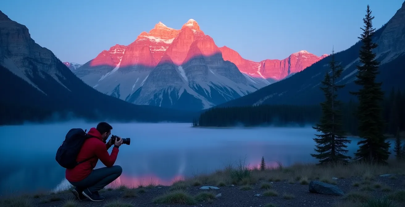 A photographer captures the stunning pink alpenglow on Mount Rundle at sunrise from the edge of the Vermillion Lakes.