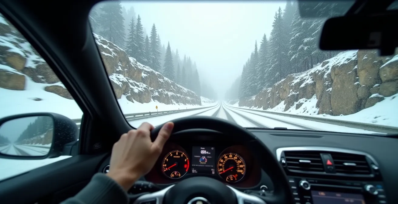 Snowy mountain highway with vehicle navigating curves in British Columbia