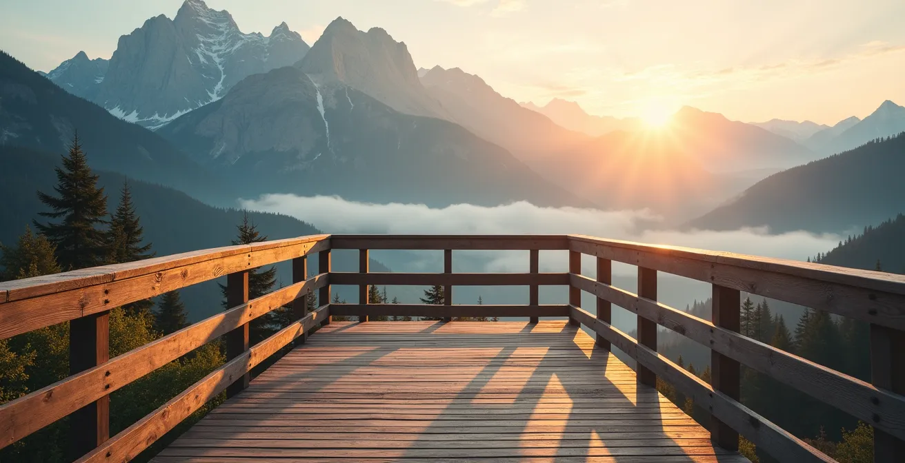 A scenic mountain viewpoint platform with smooth wooden decking overlooking the Canadian Rockies