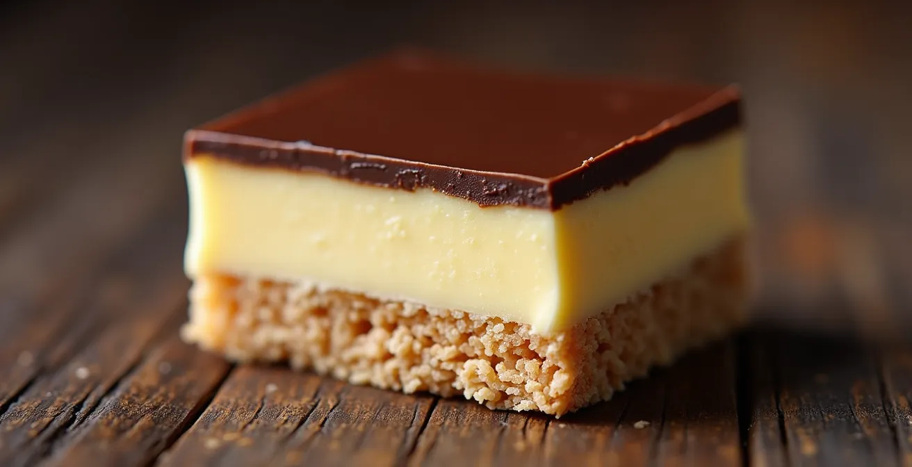 Extreme close-up of Nanaimo bar showing three distinct layers with chocolate ganache glistening