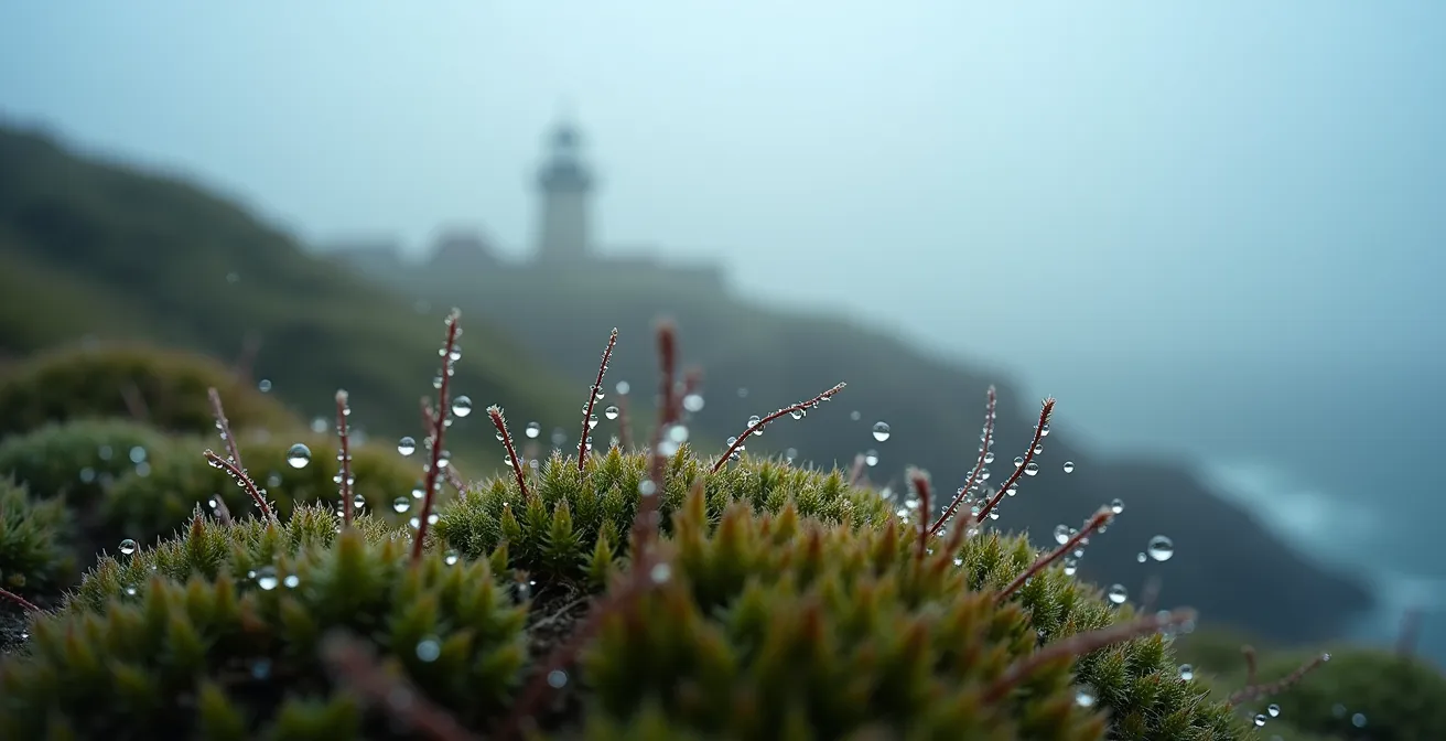 Atmospheric view of Cape Spear lighthouse partially obscured by rolling Atlantic fog banks