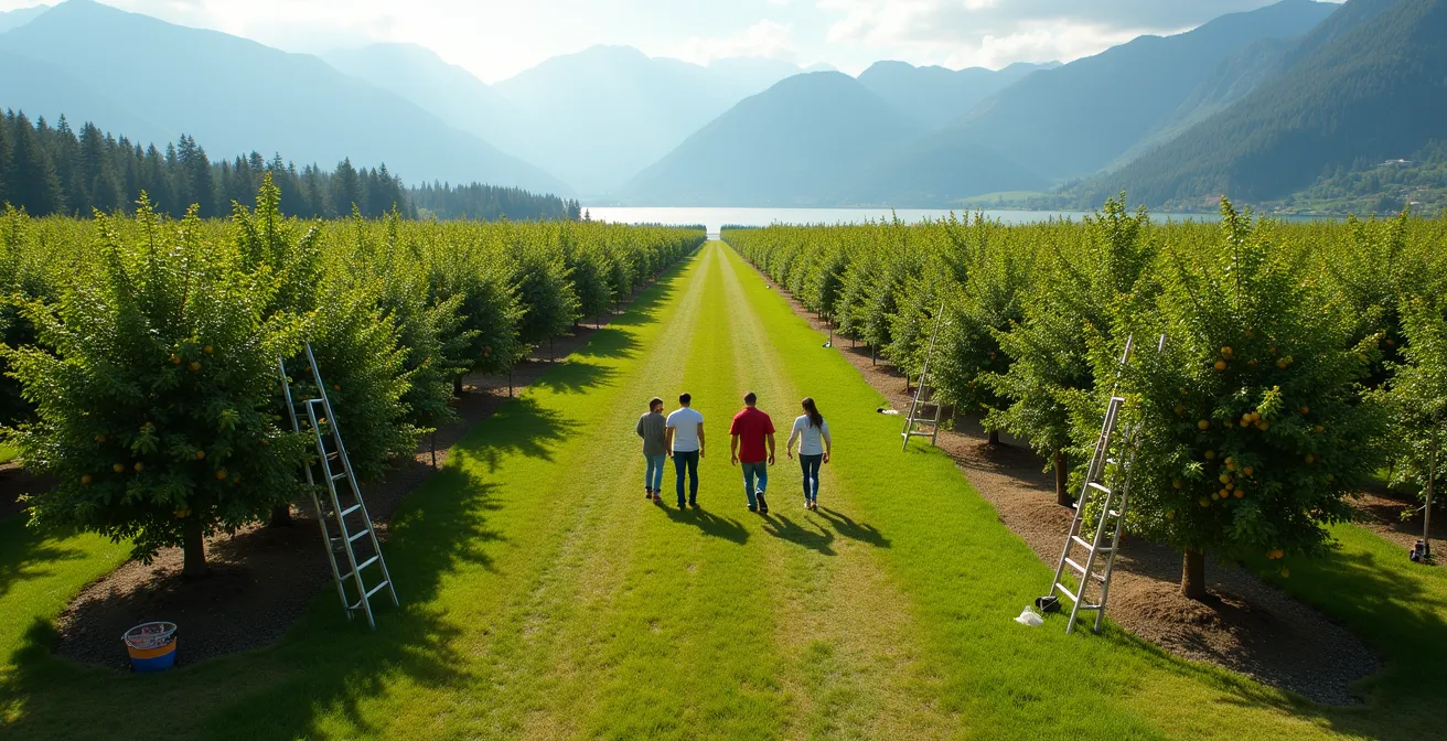 Families picking peaches in a sunny Okanagan Valley orchard with a mountain backdrop