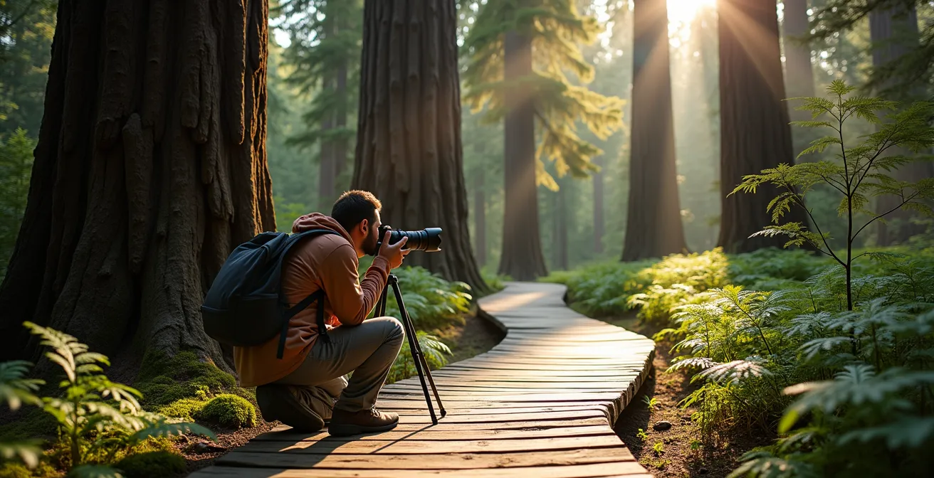 Photographer using telephoto lens from wooden boardwalk to capture ancient tree canopy without disturbing forest floor